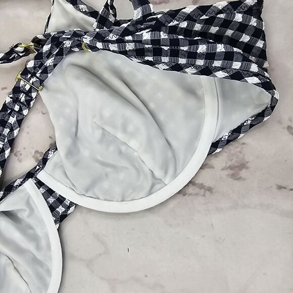 J Crew Swim Top 42D Blue Gingham Underwire Bikini Ruffle Seersucker BE750 - Picture 9 of 11